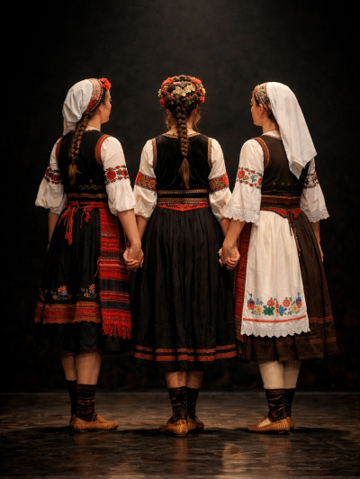 tri devojke folklor narodne nošnje srpski folklor leđa scena tradicionalna odeća